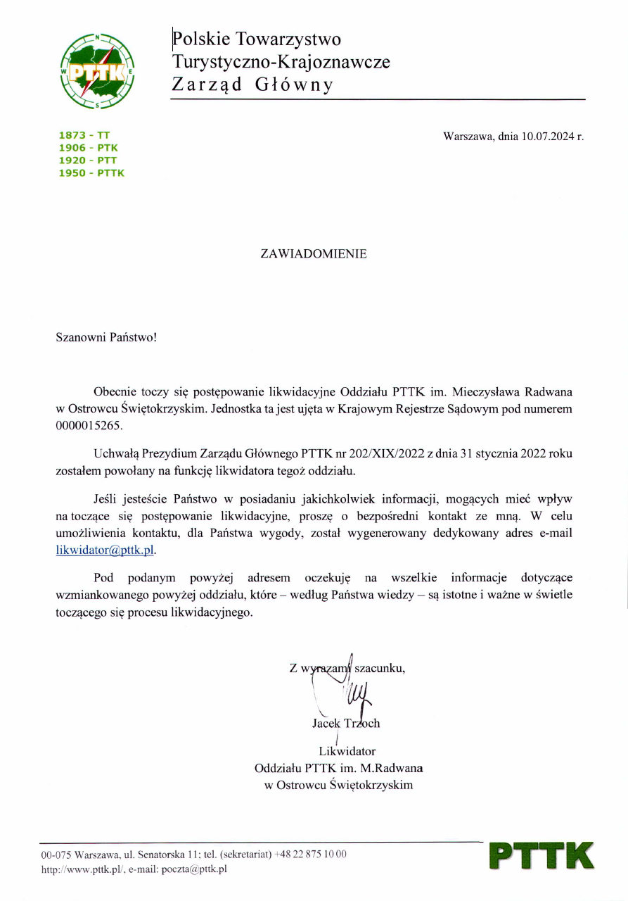 Zawiadomienie PTTK